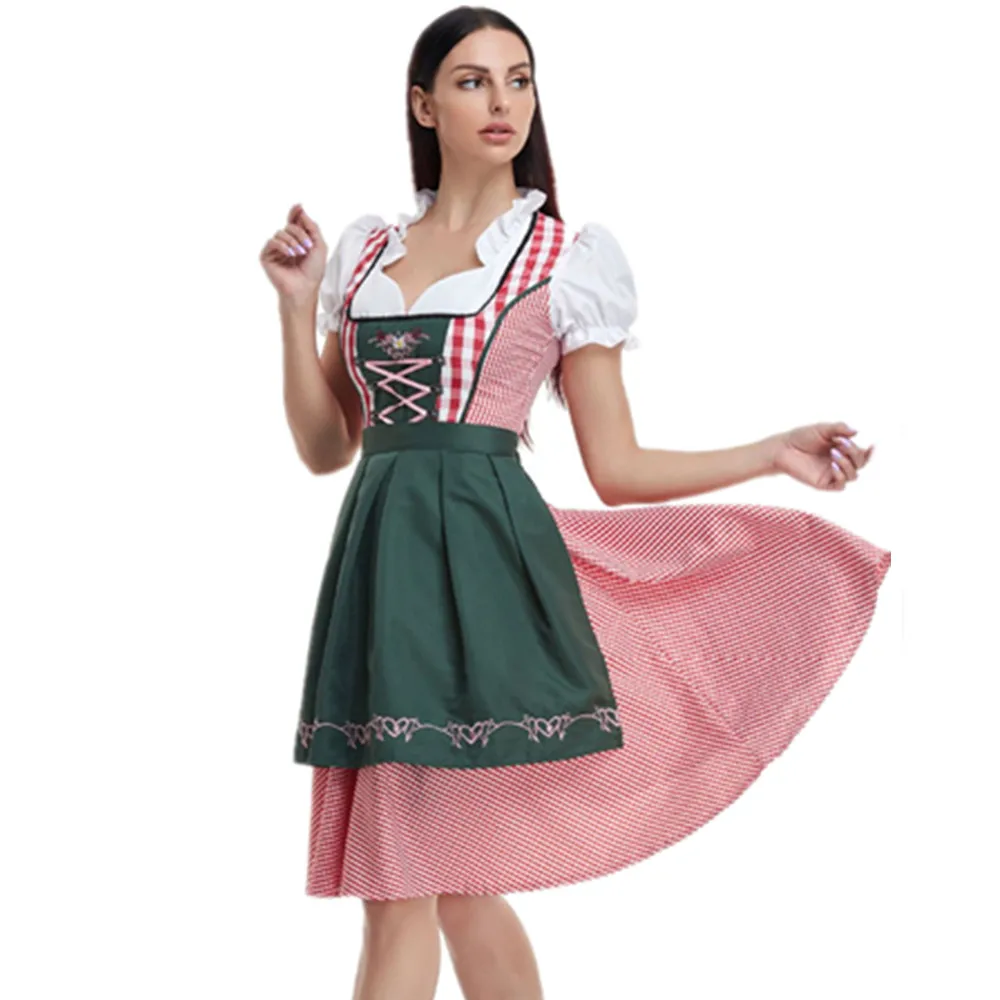 Female Traditional Bavarian Octoberfest Dresses German Beer Wench Costume Adult Plaid Oktoberfest Dirndl Dress With Apron