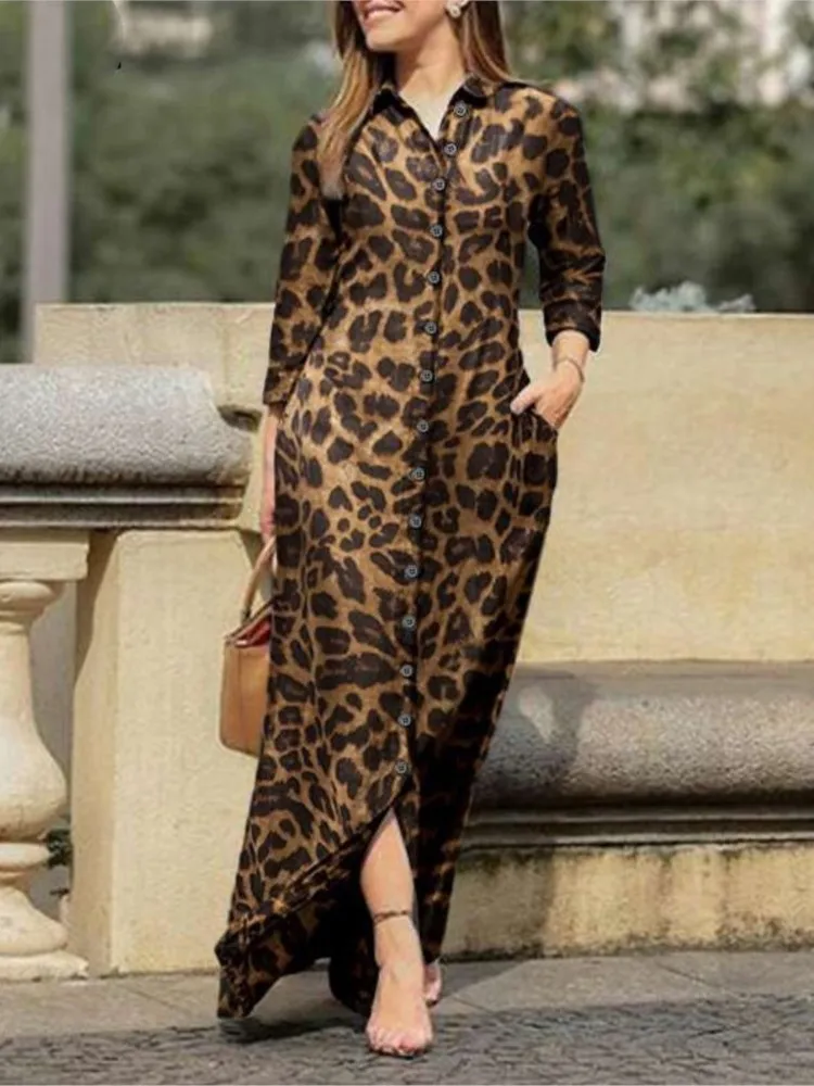 Primavera autunno stampa leopardo abiti lunghi per le donne monopetto bottone risvolto manica lunga Casual vacanza camicia vestito abiti