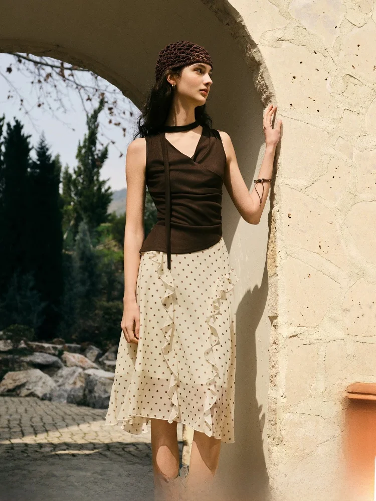 

Asymmetric Polka Dot Half Skirt for Women with Lace Hem High Waist A-Line Skirt Business Casual Date Office Party Polyester F...