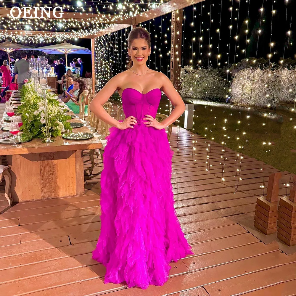 

OEING Fuchsia Sweetheart Prom Dresses A-line Tulle Evening Dresses Sexy Strapless Formal Wedding Party Dress فساتين سهرة