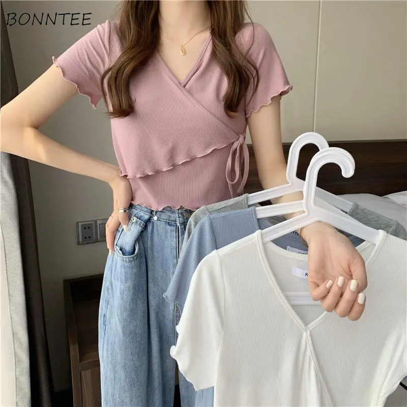 T-shirts Women Solid 4 Colors Lace-up All-match Special Daily Delicate Popular Leisure Creativity Tender Japanese Style Spring