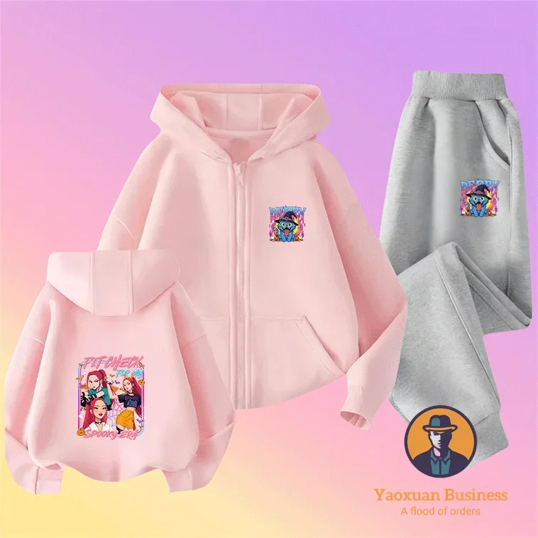 

Hot KPop Demon Hunters Girls Little Kids Boys Zip Up Hoodie Set Cute Printed Cartoon Warm Windproof Autumn Winter Fashion