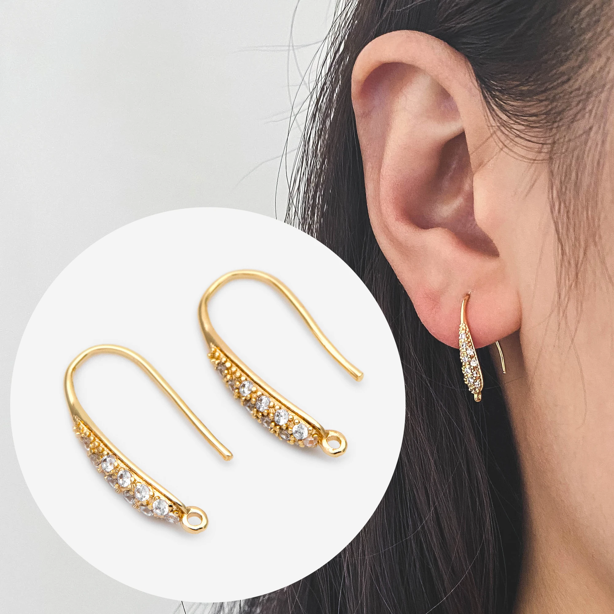 

10pcs CZ Paved Earring Hooks 19x9mm, 18K Gold Plated Brass Earwires, Shiny Earring Components Wholesale (GB-1447)