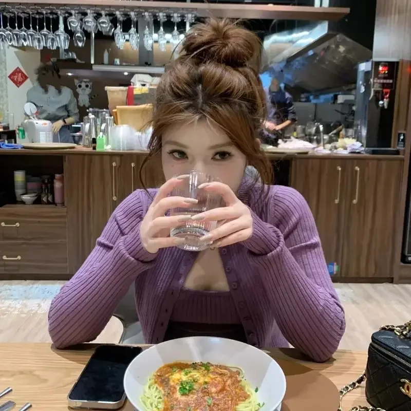 

Purple French Knit Cardigan Women's Slim Fit Cropped Spring Top Elegant Layering Blouse Short Sleeve Two-piece set