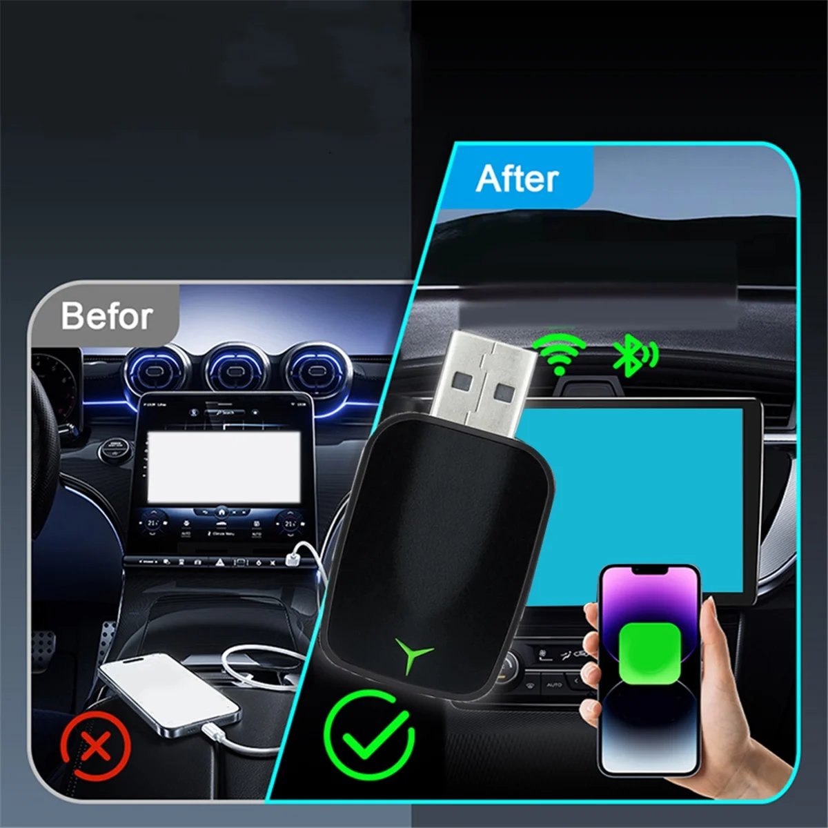 NEW!! 2 in 1 Wired to Wireless Carplay Android Auto Adapter Car Gadget Smart Box Not Applicable for Tesla BMW Nissan Rose Gold