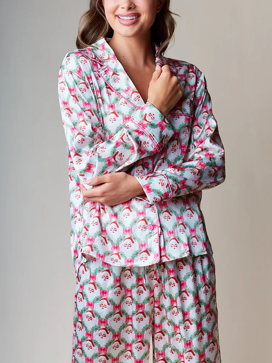 Women's 2 Piece Lounge Set Long Sleeve Santa Claus/Tree Print Shirt Wide Leg Pants Sleepwear Sets