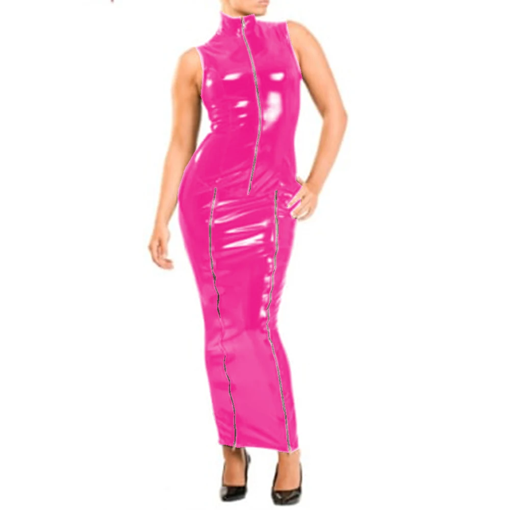 Wet Look PVC Leather Matching Sets, Sleeveless, Front Zipper,Slim Shirt,Blouse and Pencil,Hobble Long Skirt,Two Piece Dress Sets