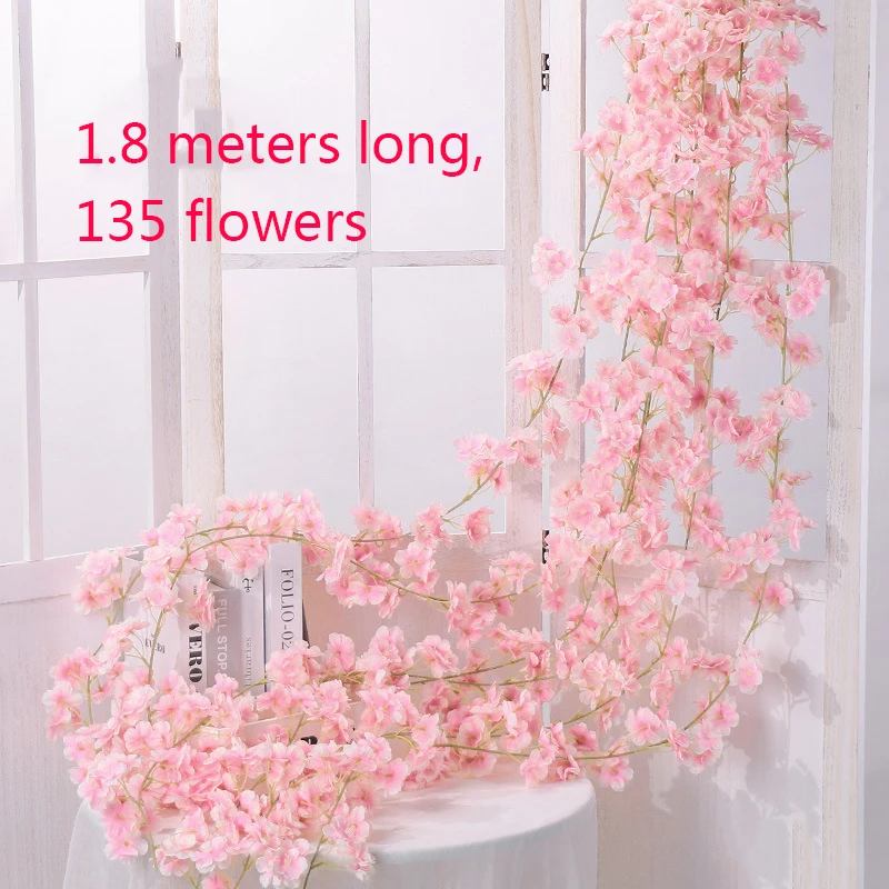 1.8M Artificial Cherry Blossom Flowers Wedding Garland Ivy Decoration Fake Silk Flowers Vine for Party Arch Home Decor String