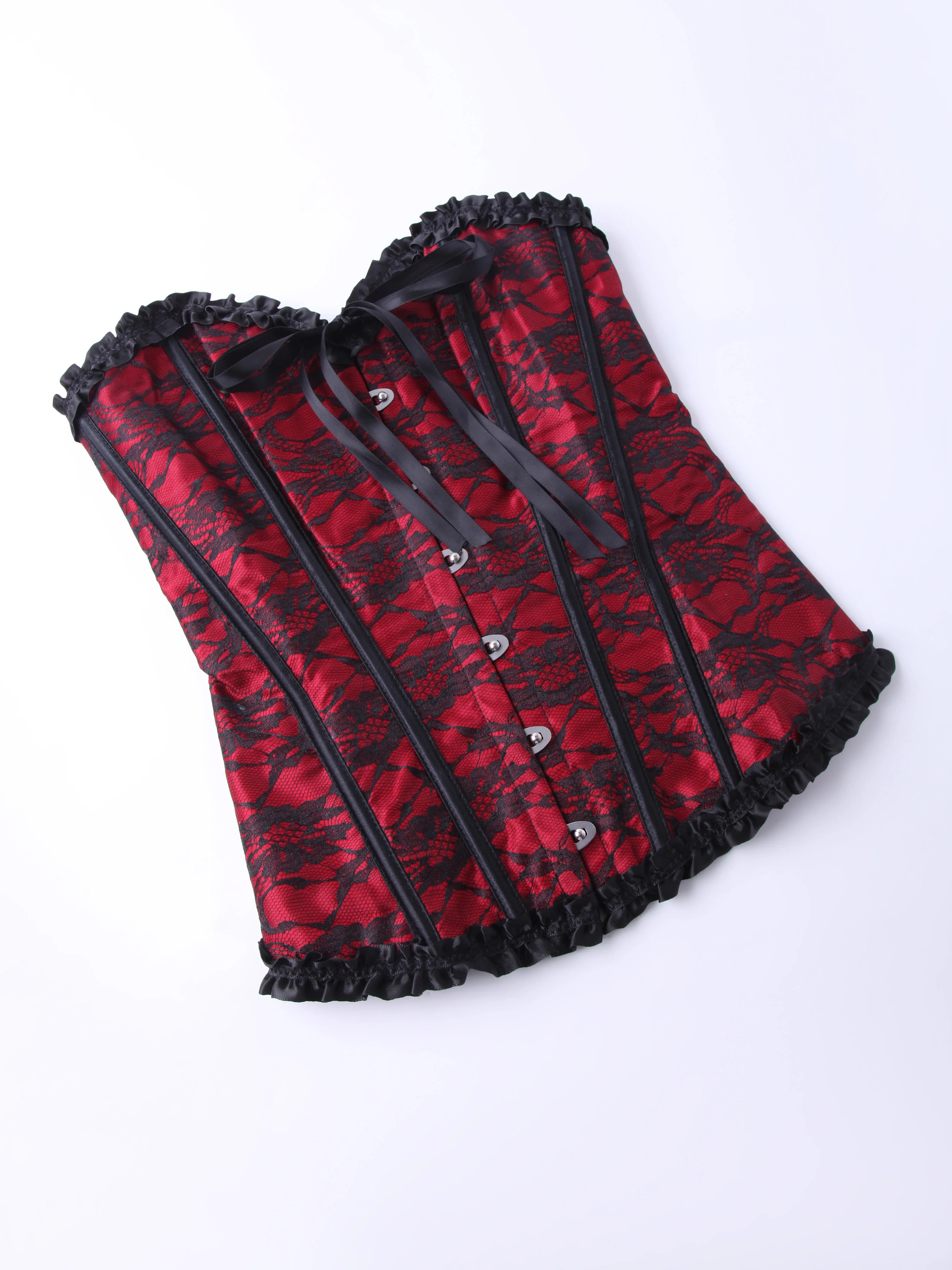 Women's Red Base Black Lace Corset Strapless Sweetheart Front Hook Back Satin Lace Up - view 3