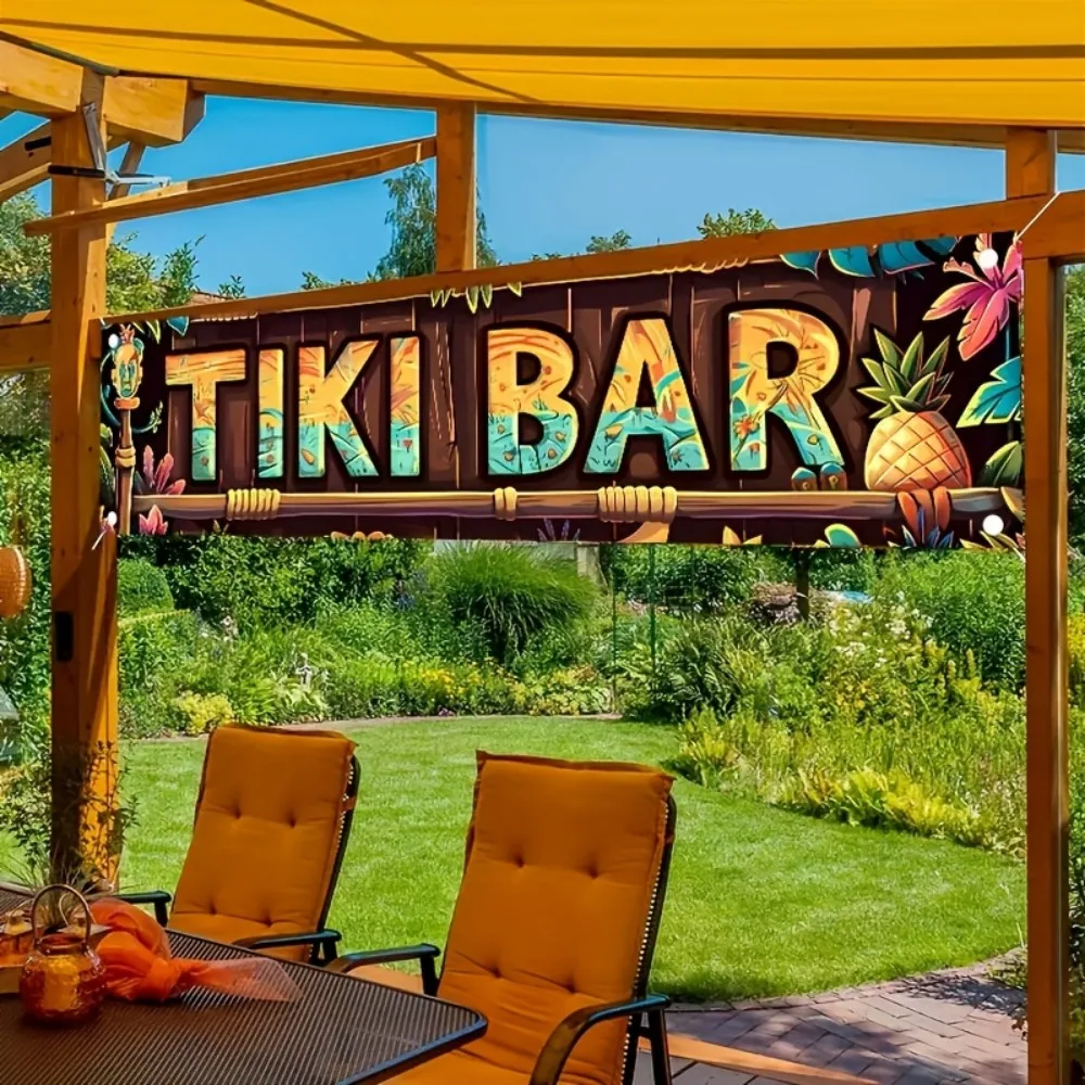 VIKAMA “TIKI BAR” Banner largo con diseño tropical floral, pared de fondo para fiesta en el patio al aire libre, reunión de verano, decoración del hogar para fiesta en la piscina