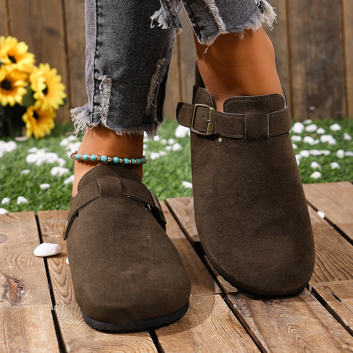 Korkfußbett-Clogs für Damen und Herren, modische Leder-Mules, bequeme Potato-Schuhe mit Fußgewölbestütze, flache Slides für drinnen und draußen – Detail 19