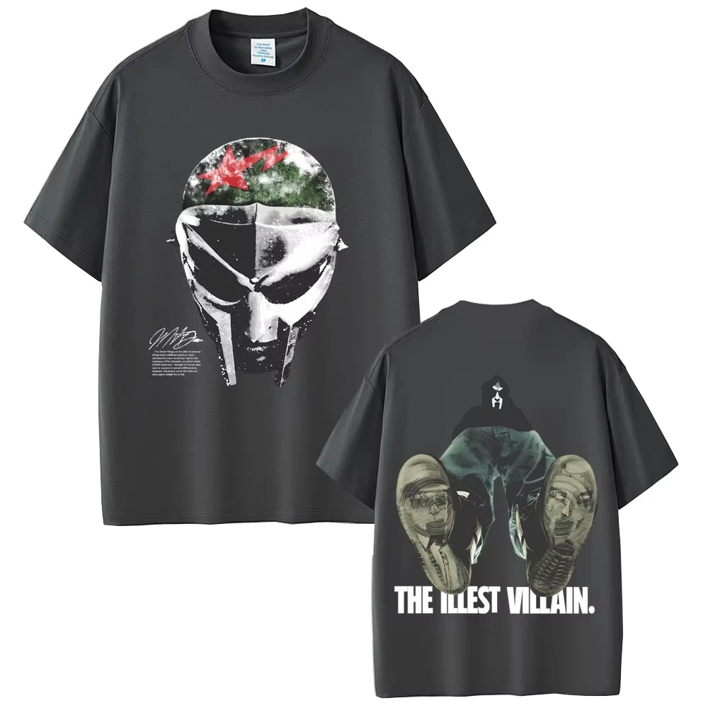 مغني الراب Mf Doom Madvillainy The Illest الأشرار ألبوم مزدوج الوجهين طباعة تي شيرت الرجال النساء الهيب هوب موضة موسيقى البوب تي شيرت