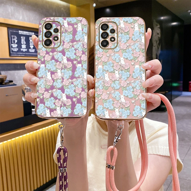 A 53 Blue Flower Luxury Plating Phone Case For Samsung A53 A52 A55 A35 A51 A54 A71 A50 A25 A42 A22 A50S A73 A52S A34 A33 Cover