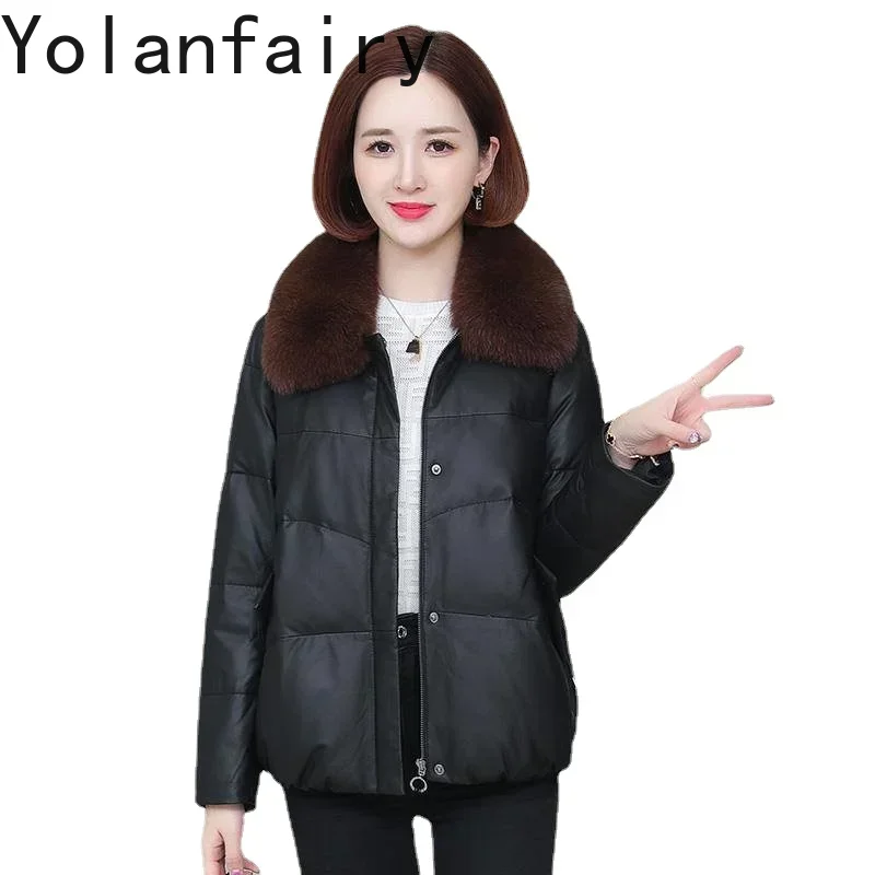 YOLANFAIRY Winter Women Coat Real Fox Fur Collar Genuine Leather Jacket Women Sheepskin Short Leather Down Coats Clothes Jaqueta