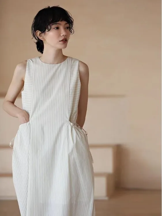 Summer New Brand Striped Drawstring Large Pocket Slimming Sleeveless Dress Casual Loose Fit A-Line Cotton Soft Medium Stretch