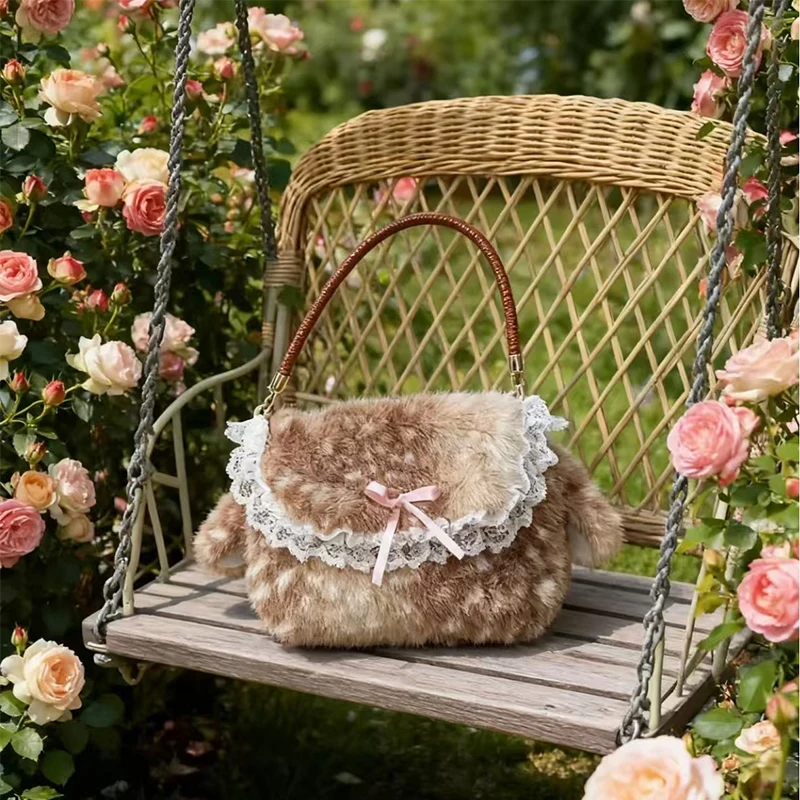 Cute Lolita Plush Handbag Japanese Lace & Bow Decor Shoulder Bag Vintage Top-handle Bag Spotted Deer Pattern Underarm Bag