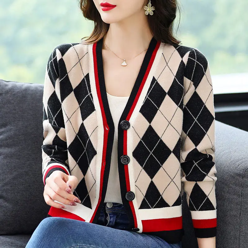 Lattice Graphic Patchwork Casual V-neck Loose Cardigan Office Lady Straight Button Autumn Winter Thin 2022 Women's Clothing Tops