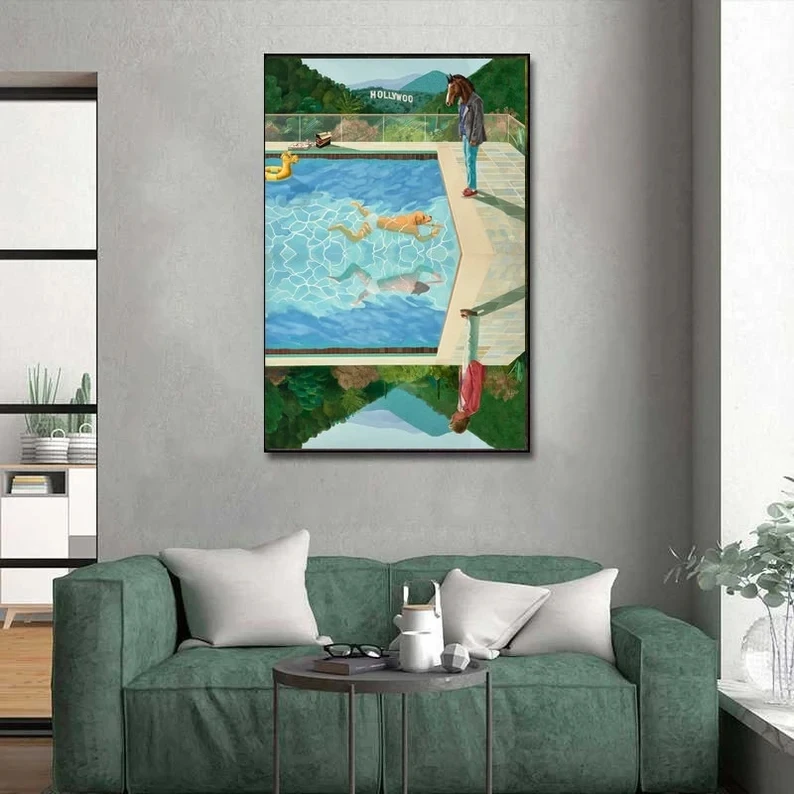 Funny Horseman Bojack David Hockney Swimming Pool Oil Painting Canvas Modern Wall Art Pictures Living Room Home Decor