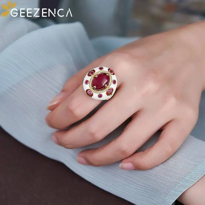 GEEZENCA Red Corundum 925 Silver Enamel Jewelry Sets Earrings Ring Pendant For Women 18K Gold Vintage Luxury Chic Gift 2024 New