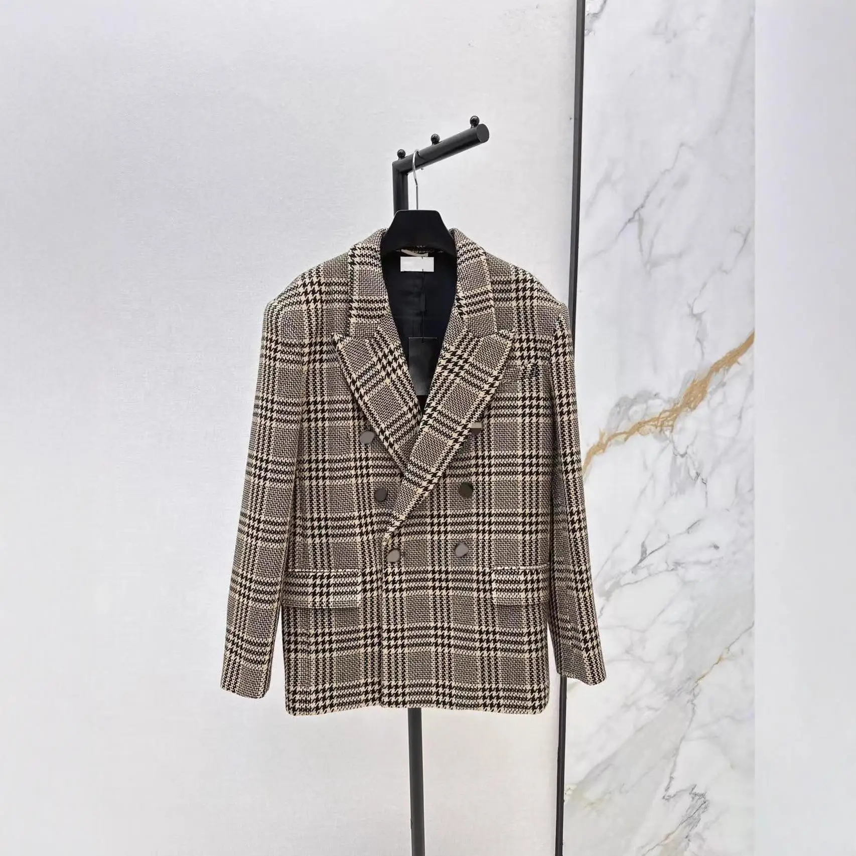 

Новая модель женского утепленного пальто из ПУ в стиле ретро с цветными блоками и клетчатым узором, двубортное, модное, для осени, зимы и ранней весны