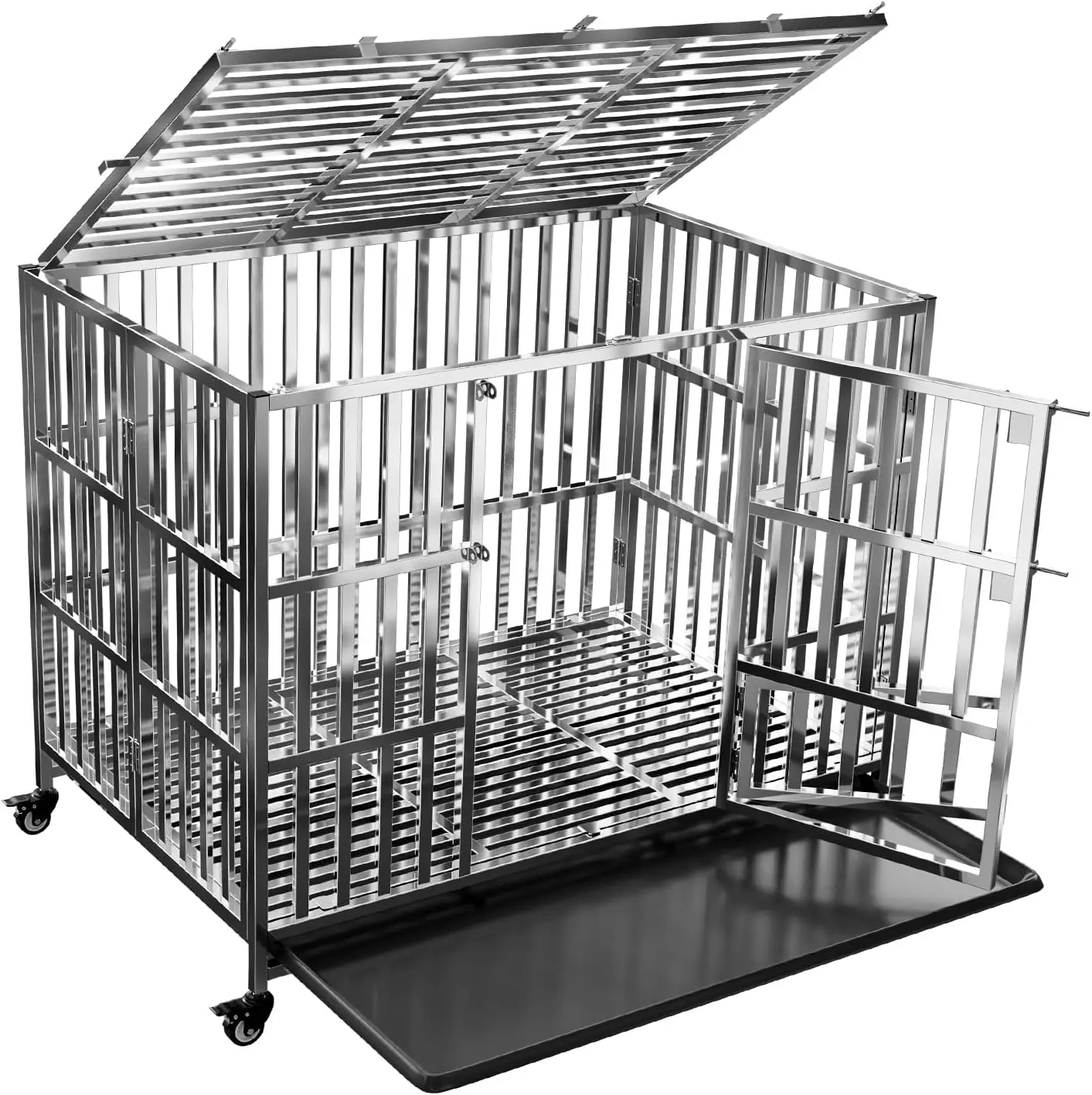 

Dog Crate with Removable Tray, 42" Stainless Steel Dog Kennel Cage for Large Dogs, Heavy Duty Dog Carrier with Lockable Wheels,