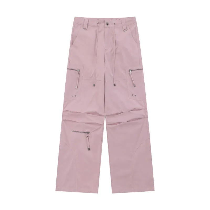 OR FL Women's Trendy American Style Cargo Trousers Hot Girl Fold Pink High Street Slacks Y2k Solid Color Zipper Staraight Pants