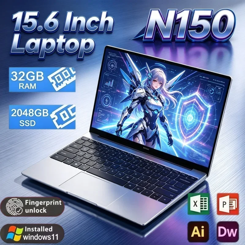 15.6 Inch Intel N150 Quad Core Laptop Win11 32GB RAM 2TB SSD Fingerprint Unlock Large Memory Office Study Notebook PC