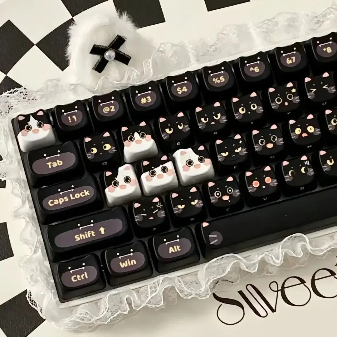 MAO Black Cat Keycaps 142 Keys Customized Cute Keycaps PBT New Square Thermal Sublimation Mechanical Keyboard 2.25 U 2.75U