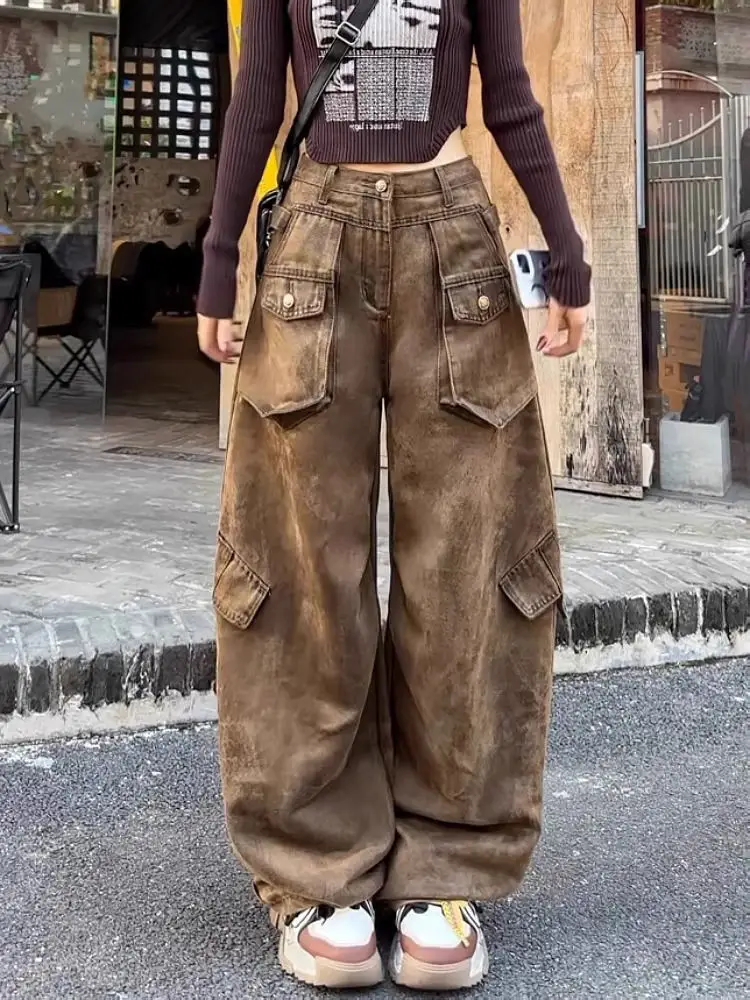 Jean Cargo rétro marron pour femme, pantalon Cargo, grande taille, Y2K, multi-poches, ourlet incurvé, longueur au sol, collection automne-hiver 2025