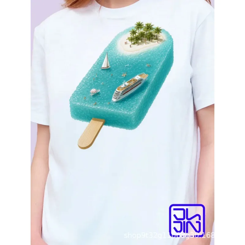 Women Summer T‑Shirt Creative Popsicle Ocean Island Cruise Print Short Sleeve Casual Loose Holiday Ladies Tops Aesthetic Clothes