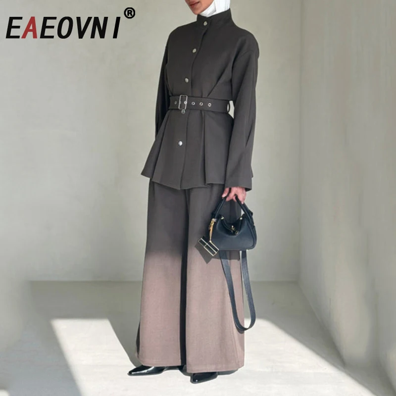 

EAEOVNI 2025 Осенний новый женский комплект, модная куртка с воротником-стойкой и поясом, пальто + широкие длинные брюки, офисная женская однотонная одежда
