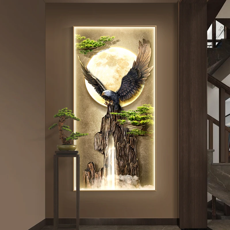 Hall Decoration Painting Eagle Hanging Painting Entrance Wall Light Painting Pine Wood Corridor End Night Lamp Led Room Light