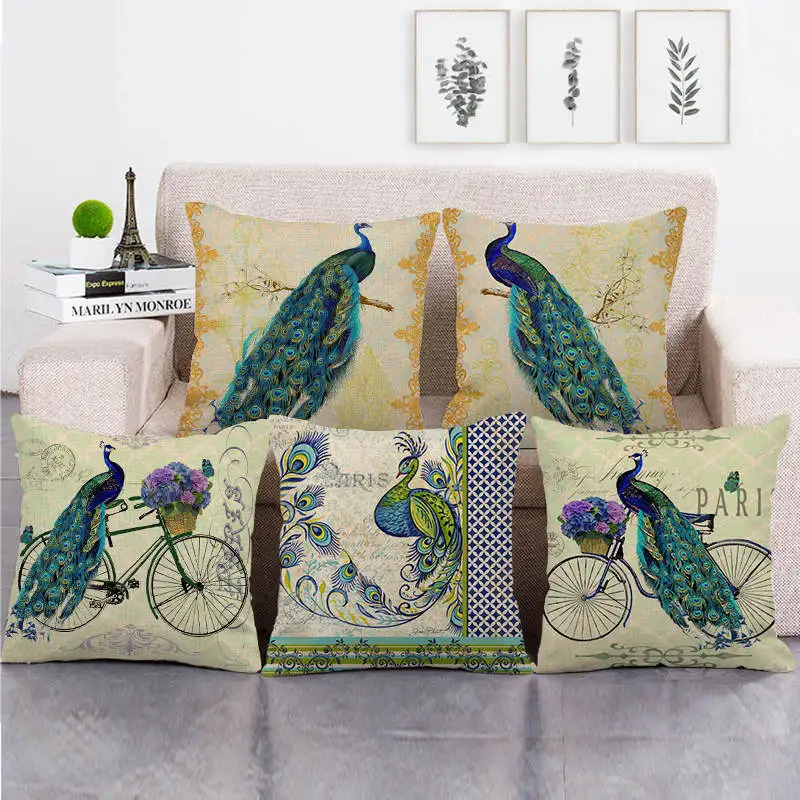 

Green Peacock Linen Pillow Case Peacock Flower Pillowcase for Girls Room Sofa Bed Garden Chair Pillow Cover Home Decor 45x45