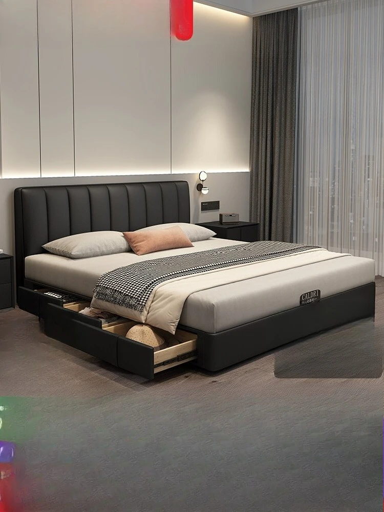 

Piano keys double bed, modern minimalist master bedroom, black storage, small apartment, space-saving, leather thin headboard
