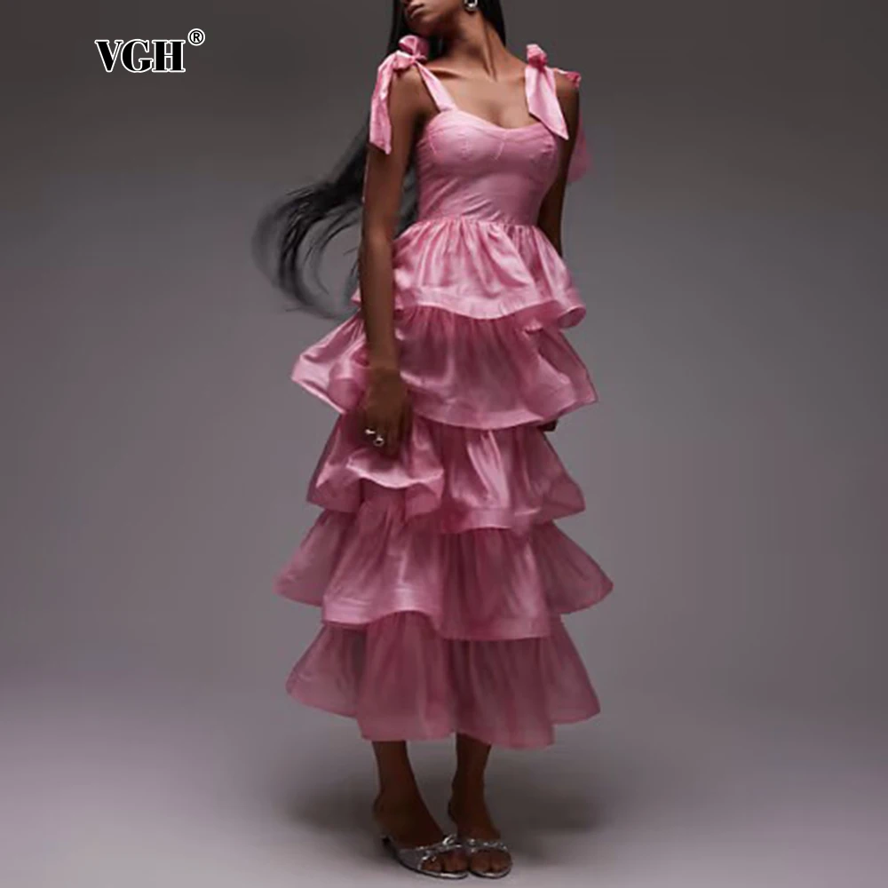 

VGH Solid Spliced Lace Up Tiered Maxi Dresses for Women Square Neck Sleeveless High Waist Temperament Prom Dress Female Fashion