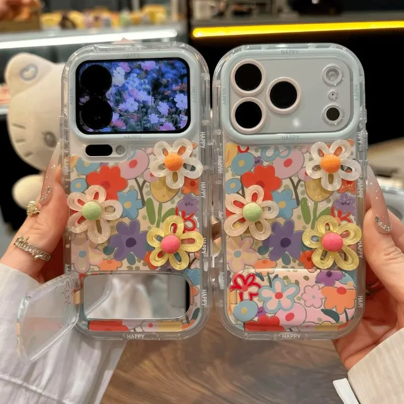 

Three-Dimensional Flower Design Protective Case with Mirror Bracket for IPhone 17 Pro Max, 16 & 13 Large Window Style