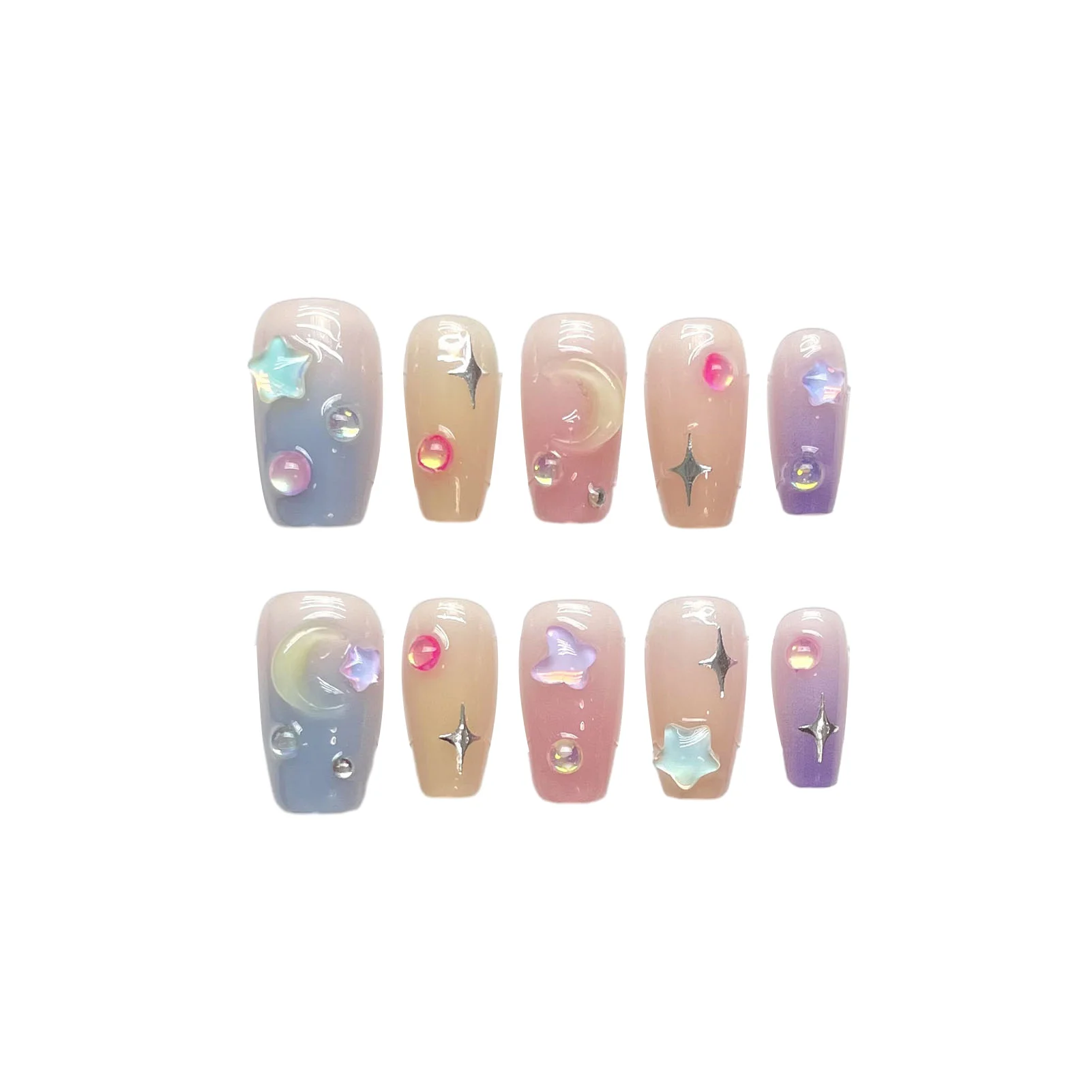 Nail Art Woman Coffin False Nail Star Moon Design Full Cover Ombre Artificial Nail for Women and Girls Nail Decoration MIAO-US