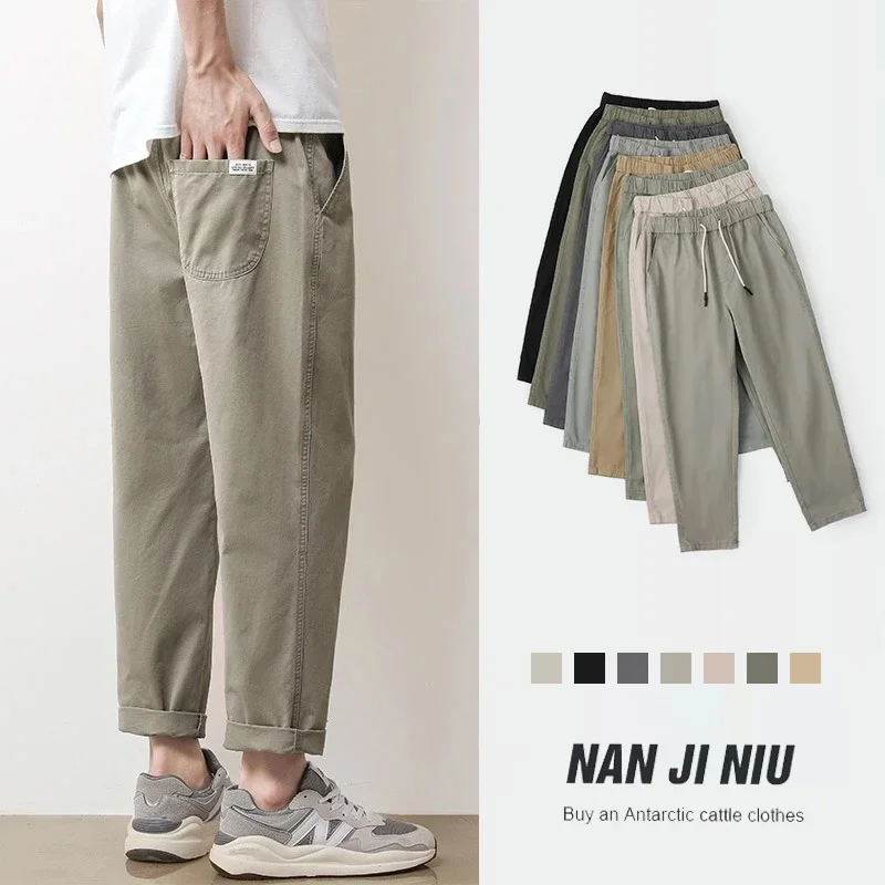 Pantalones informales finos de verano de alta calidad para hombre, 95% algodón, transpirables, de Color sólido, pantalones Chino con cintura elástica para exteriores, Amekaji