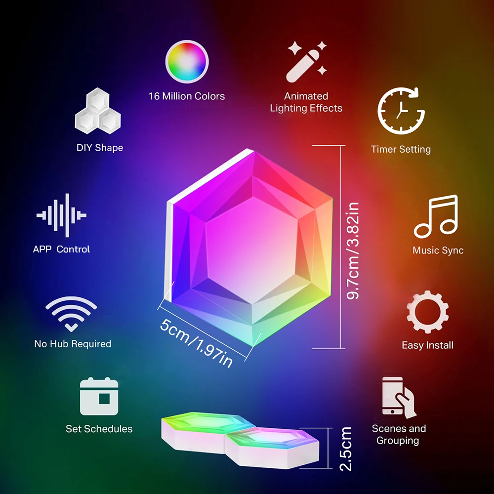 Inteligentne sześciokątne kinkiety LED, panele świetlne, kreatywne oświetlenie RGB-IC do dekoracji wnętrz z synchronizacją muzyki, do pokoi gier,