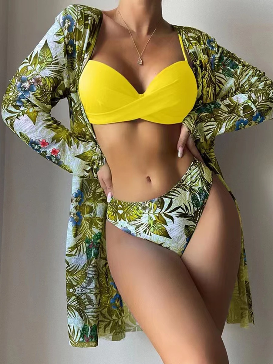 2023 Sexy 3 Pieces Bikini Set Women Cover Up Swimwear Female Tropical Printed Swimsuit Beachwear Push Up Bathing Suit Summer