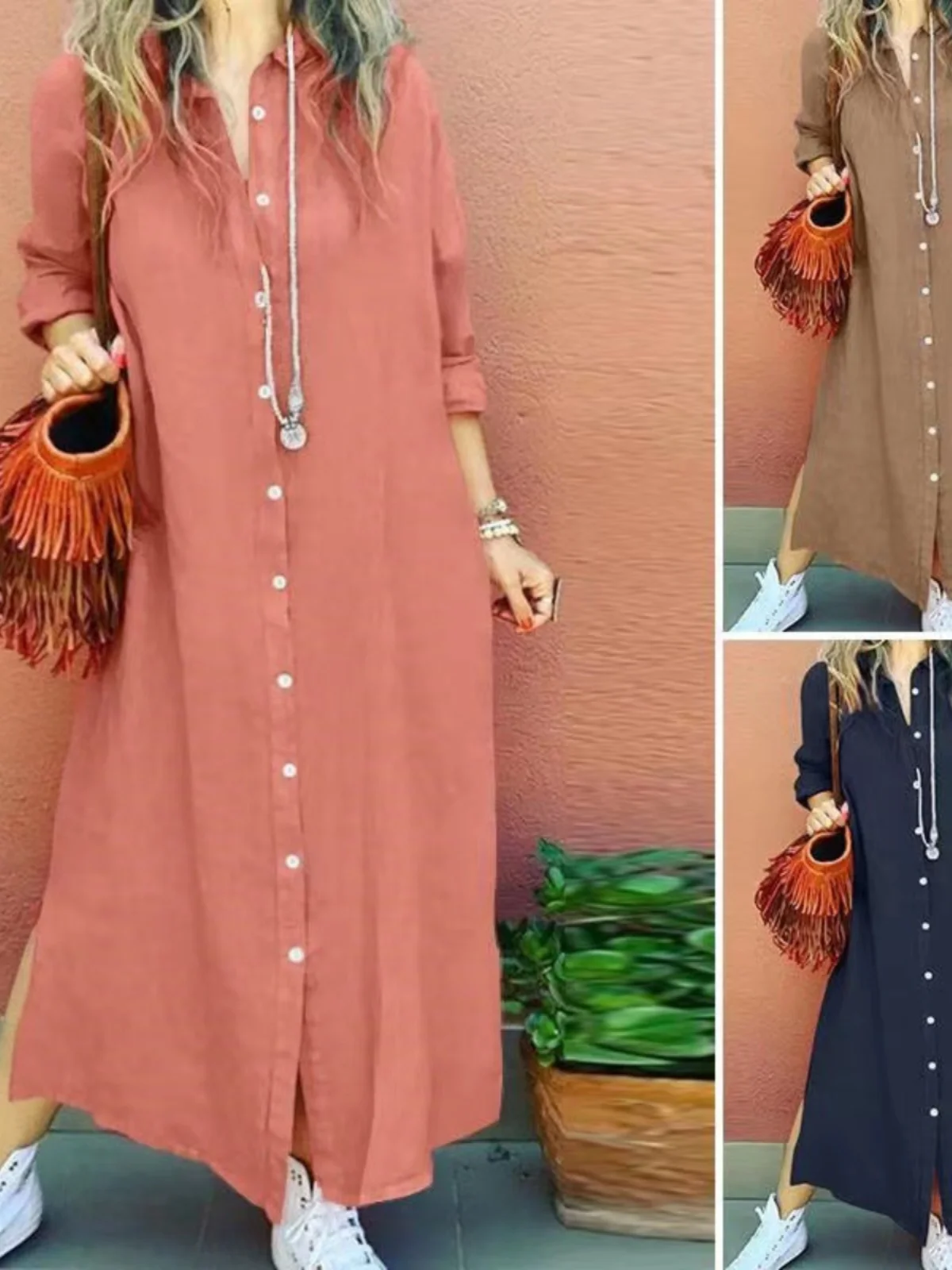 

New Muslim Long Sve Loose Open Cardigan Dr Color Blo Pure Color Lapel Dr for Women Summer Season Polyester Material