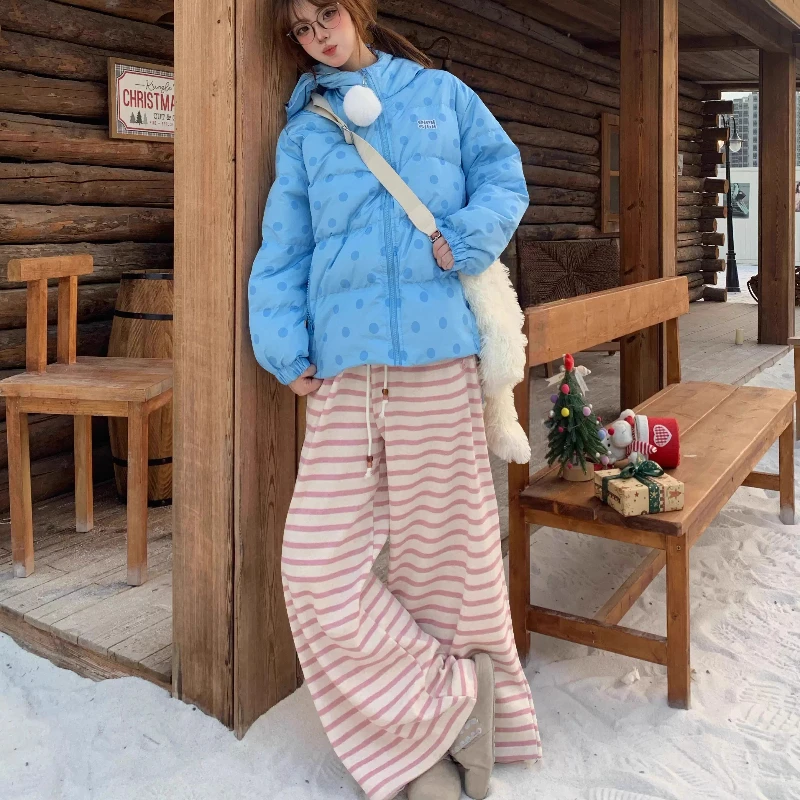 American Retro Striped Loose Wide-Leg Straight Casual Women's Trousers Winter New Fleece-Lined Thickened Warm Long Pants Ladies
