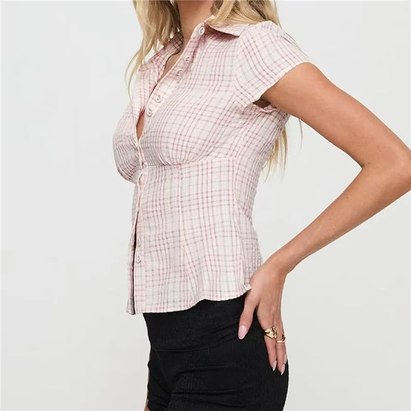 

Women Y2k Button Down Shirts Slim Fit Casual Vintage Lapel Collar Short Sleeve Blouse Tops Streetwear