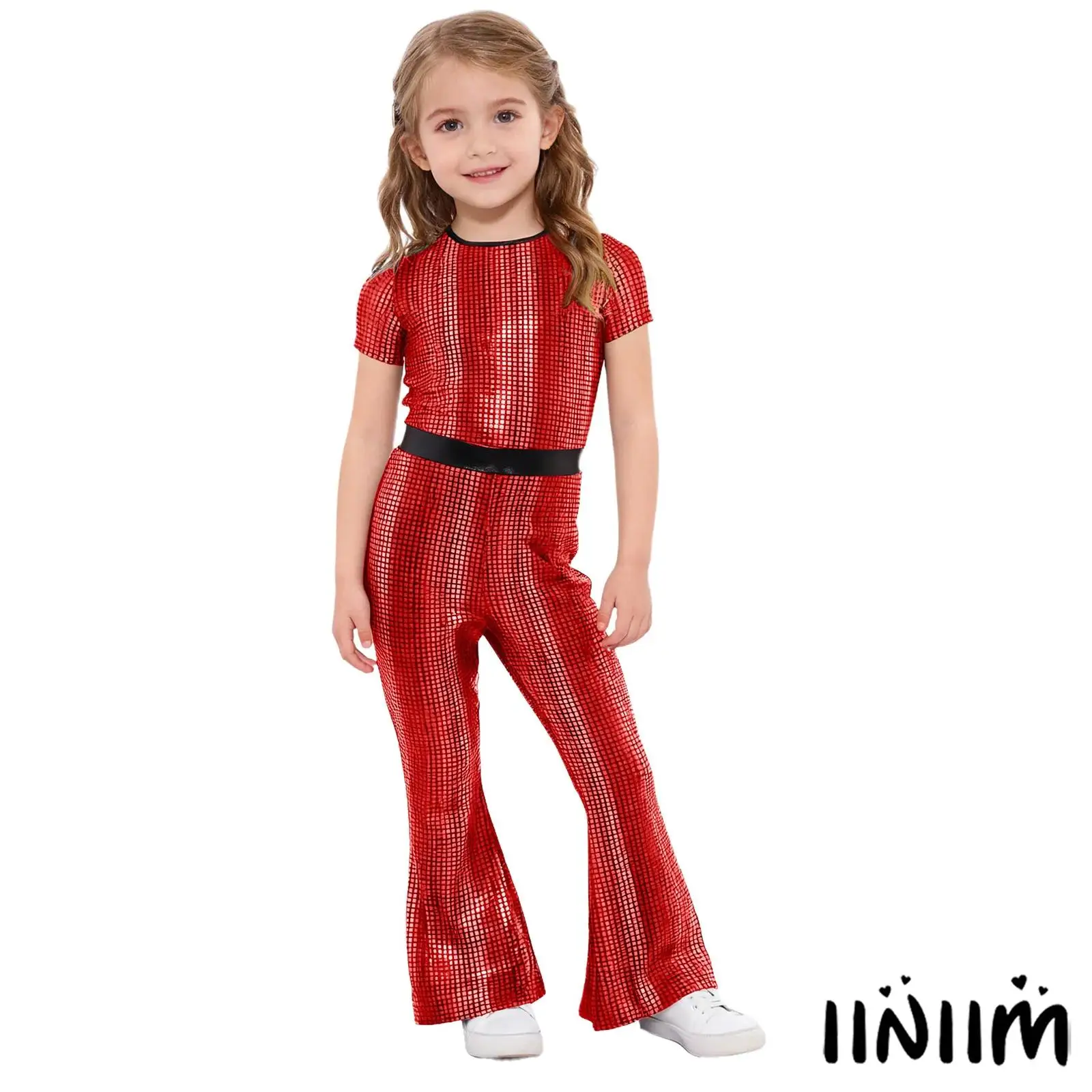 

Kids Girls Jazz Disco Dance Performance Costume Bell-Bottom Metallic Plaid Jumpsuit Short Sleeve Back Invisible Zipper Leotard