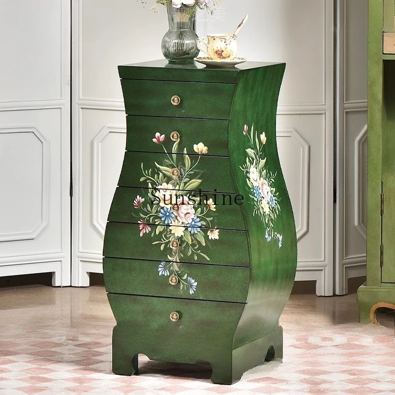 

American rural entrance seven chest cabinet solid wood retro green painted vase cabinet