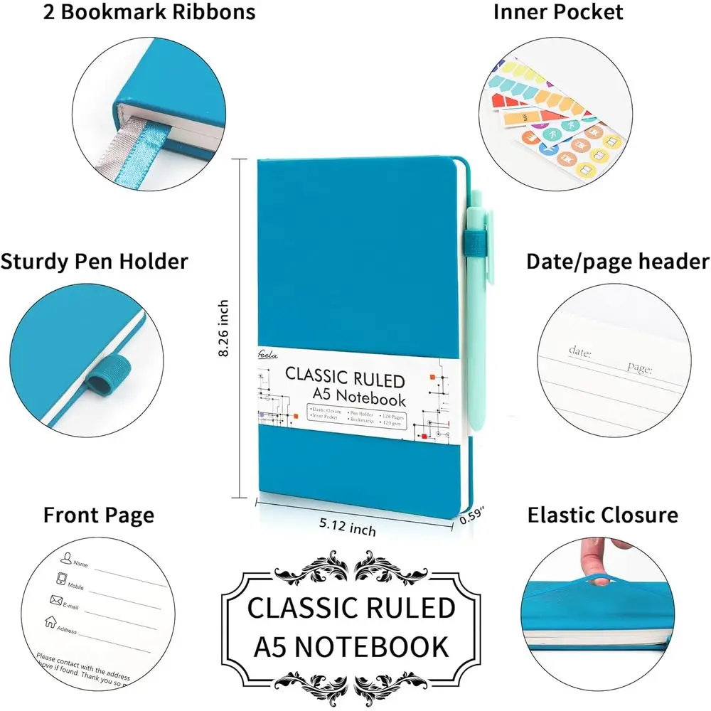 A5 Lined Notebook Set with Pen Holder, 24-Pack, 120 GSM Paper, 5.1x8.3, Teal for Work and Business