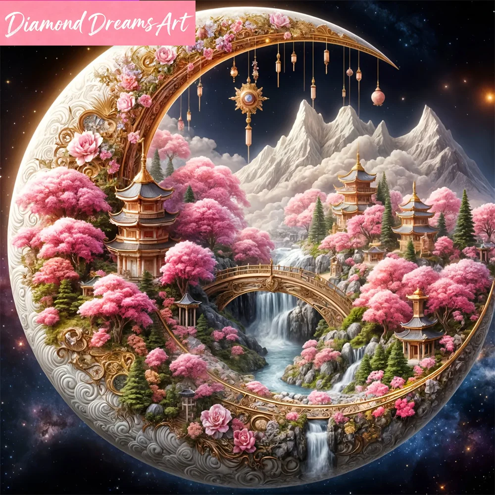 Neuheit: Diamant-Malerei Haus-Baum-Landschaft DIY Brücke Diamant-Mosaik Mondbild Strass Heimdekoration