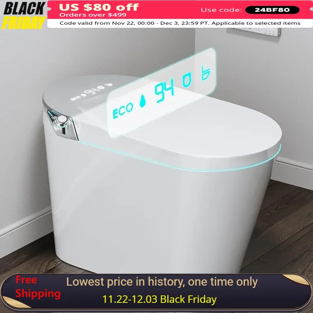 Smart Toilet, Built-in Heated, 360 Degree Siphon Powerful Flush, Auto Open & Close Lid, Wireless Remote Control, Smart Toilet