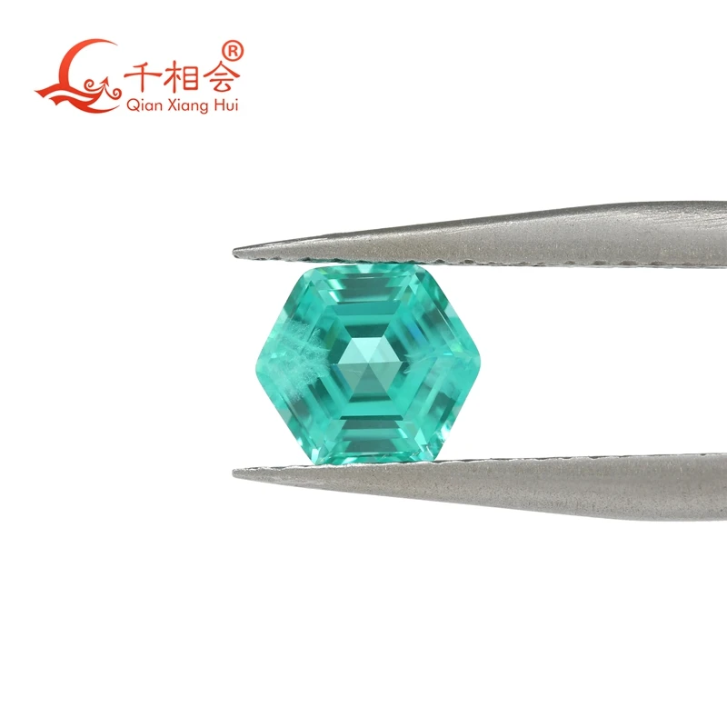 Hexagonal shape asscher cut lab grown paraiba color Yttrium Aluminum Garnet Cultivated Tsavorite with inclusions gem stone