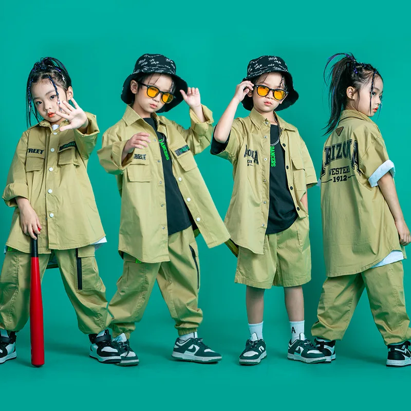 

Kid Kpop Hip Hop Clothing Khaki Shirt T Shirt Top Streetwear Cargo Jogger Pants Shorts for Girl Boy Jazz Dance Costume Clothes